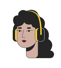 Curly hispanic woman headphones 2D linear cartoon character head. Latina wavy hairstyle isolated line vector person face white background. Enjoying music mexican girl color flat spot illustration