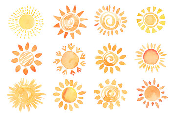 Watercolor set of sun icons. Aquarelle traditional hand painted sun icons collection