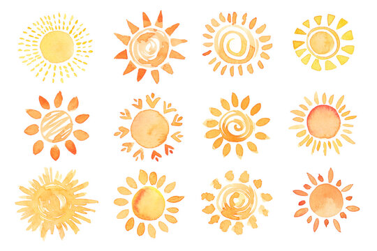 Watercolor set of sun icons. Aquarelle traditional hand painted sun icons collection