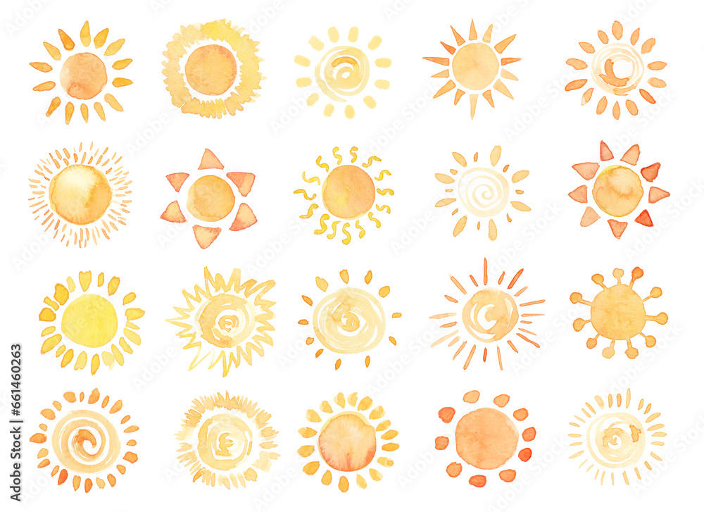 Wall mural Watercolor set of sun icons. Aquarelle traditional hand painted sun icons collection