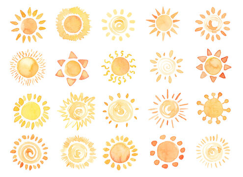 Watercolor set of sun icons. Aquarelle traditional hand painted sun icons collection