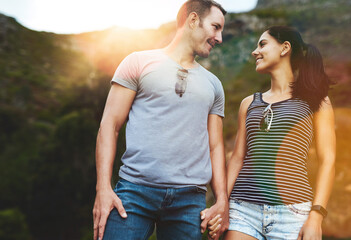 Obraz premium Nature, love or happy couple holding hands on date with wellness or care for romance or adventure. Peace, smile or man with happy woman on holiday vacation together for bond, support or relax in park