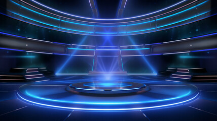 3D Rendered VR Stage TV Show: Mesmerizing Neon Blue Lights Illuminating a Dynamic Blue Screen Stage, Enchanting Screen Shots and Views in Wide-Angle Panoramic Splendor, High-Tech Lighting 