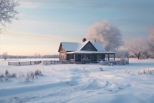 Winter farm cabin surrounded by snow. Generative AI