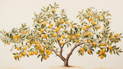 A painting of a tree with fruit on its branch