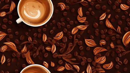 Printed kitchen splashbacks Coffee bar coffee and chocolate splashes into an inviting seamless pattern on a brown background. The image radiate warmth and comfort.