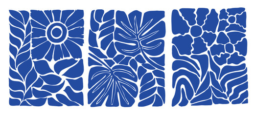 Blue abstract flowers and leaves posters. Minimalist floral art prints inspired by Matisse, doodle-like design. Vector illustration isolated on transparent background.