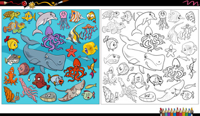 Fototapeta na wymiar cartoon fish and marine animal characters group coloring page