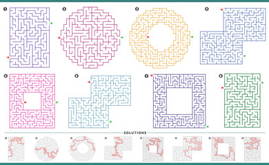 Fototapeta na wymiar maze puzzle activities graphs set with solutions