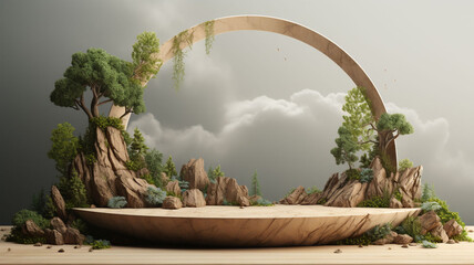 3D Rendered Round Big Stone Stage and Arch Featuring Natural Stone and Lush Green Trees, Set Against the Vast Blue Sky - A Majestic Display of Nature's Beauty and Architectural Grandeur in a Stunning  - obrazy, fototapety, plakaty