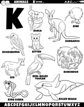 cartoon animal characters for letter K set coloring page