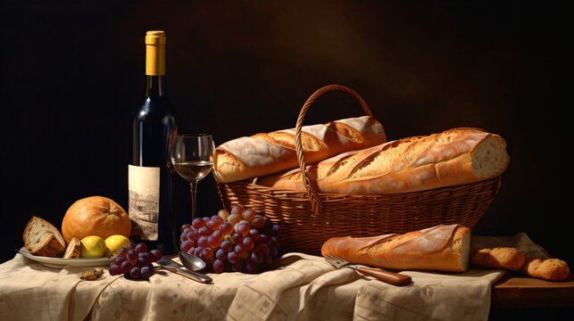A painting of bread in a basket