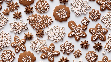 an assortment of homemade gingerbread cookies, delicate snowflake decorations, and artistic cookie icing, all arranged on a pristine white background. SEAMLESS PATTERN. SEAMLESS WALLPAPER.