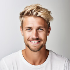 Obraz premium a closeup photo portrait of a handsome blonde scandinavian man smiling with clean teeth. for a dental ad. guy with fresh stylish hair with strong jawline. isolated on white background
