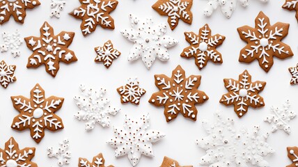 an assortment of homemade gingerbread cookies, delicate snowflake decorations, and artistic cookie icing, all arranged on a pristine white background. SEAMLESS PATTERN. SEAMLESS WALLPAPER.