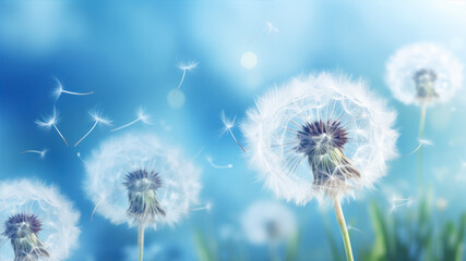 Dandelion flower on the background of blue sky and grass.