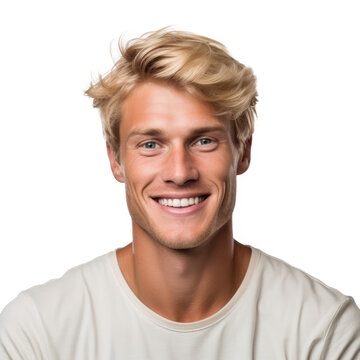 a closeup photo portrait of a handsome blonde scandinavian man smiling with clean teeth. for a dental ad. guy with fresh stylish hair with strong jawline. isolated on white background