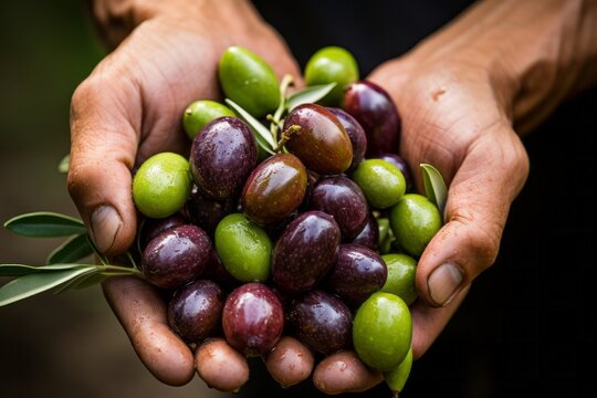 Close-up of hands holding freshly picked olives, highlighting organic agriculture and sustainability.