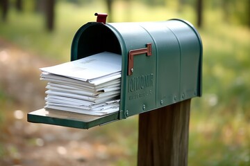 A rural mailbox is overflowing with an assortment of mail, including letters, bills, and various types of unsolicited mail, indicating either neglect or a busy recipient.