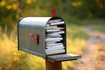 A rural mailbox is overflowing with an assortment of mail, including letters, bills, and various types of unsolicited mail, indicating either neglect or a busy recipient.