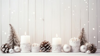 Fototapeta na wymiar festive Christmas decor using lush fir branches, charming ornaments, and softly glowing candles on a clean white wooden background. the holiday spirit with this picturesque composition.