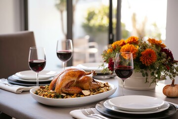 Elegant table setting for a Thanksgiving dinner in a bright, modern home, featuring a freshly roasted turkey and traditional trimmings.