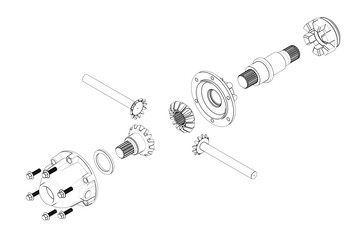 Car gearbox 3D rendering in black and white. Automotive spare part