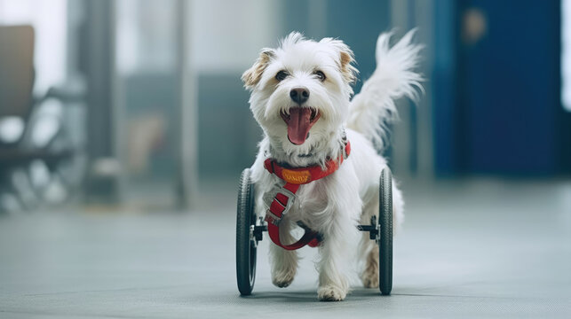 A Happy dog with a disabled leg using a wheelchair for a walk around the vet clinic