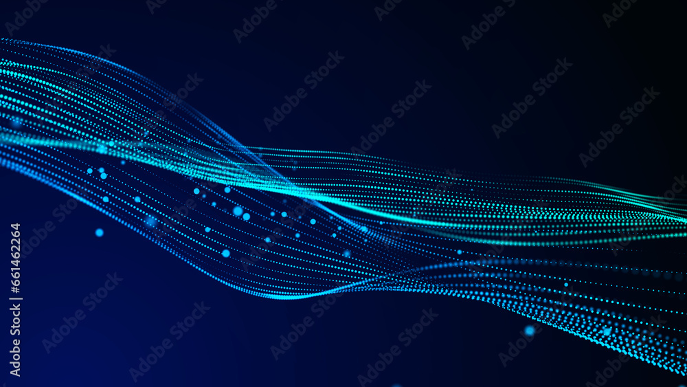 Leinwandbilder Big data visualization. The musical stream of sounds. Abstract background with interweaving of dots . 3D rendering.