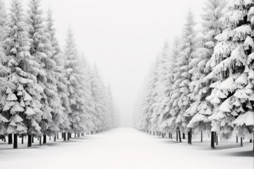 Frosty Winter Wonderland: Snow Pine Trees in a Christmas Forest. Cold, Snowy Landscape with Spruce Trees covered in Fresh Snow.