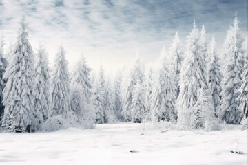 Fototapeta na wymiar Snow Pine Trees. Winter Landscape with Frosty Spruce Tree Forest. Christmas Background in Duotone. Bellissime Winterscapes of Snowy Wonderland.