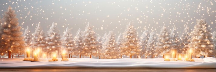 Holiday Wood Background. Christmas-themed Tabletop with Warm Living Room Decor and Snowy Christmas Tree String Lights. Perfect Holiday Backdrop for Winter and New Year Advertisements.