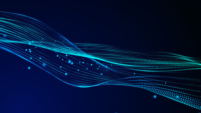 Big data visualization. The musical stream of sounds. Abstract background with interweaving of dots . 3D rendering.