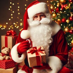 Christmas card with smiling Santa Claus in red hat with gifts