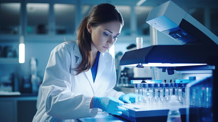 Young woman lab technician researcher, in white coat, in a water quality control laboratory