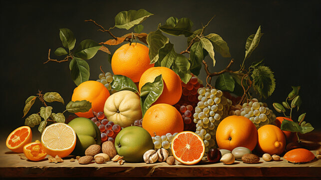 A painting of nuts oranges