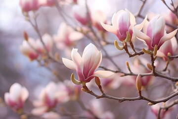 Close-up of blossoming magnolia tree in spring against blurred pastel background. Generative AI
