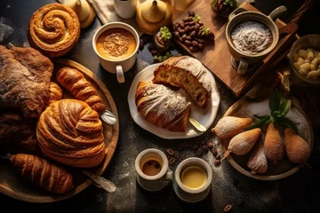 Foto op Aluminium Breakfast setup with various baked goods and coffee on a kitchen table. Meal preparation and eating. Overhead view. Generative AI © Amaia