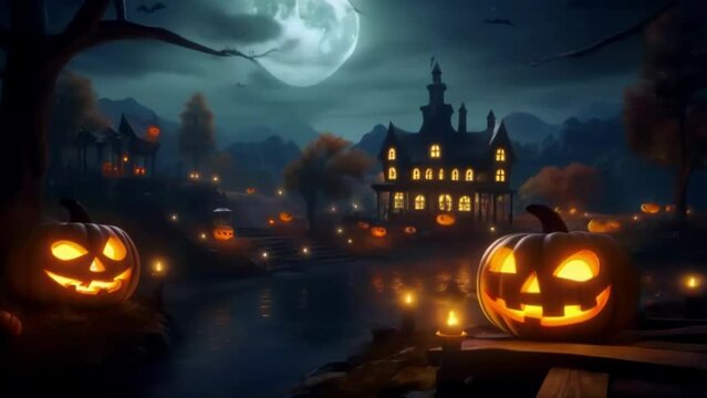 Glowing pumpkins dark house in the background, flying bats and moon mist, a Halloween illustrated, animated spooky short film.