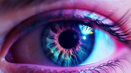 Closeup of human eye in neon light.