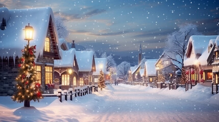 romantic village in winter with christmas decorations