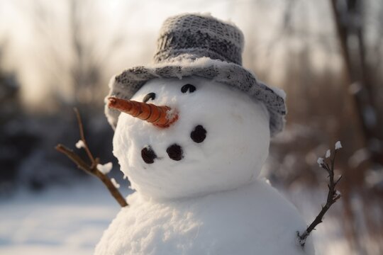 A smiling snowman with a carrot nose and coal eyes, surrounded by a snowy landscape. The details of the snowman's features and the soft, natural light of the winter day. Winter season.