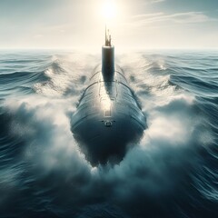 A large nuclear submarine breaks through the raging waves of the sea - obrazy, fototapety, plakaty