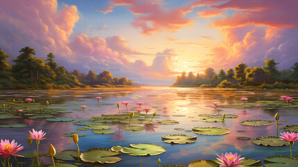  A painting of water lilies in a pond
