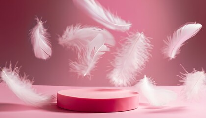 Pink product podium placement on solid background with white feathers falling