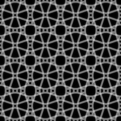 Repeated white figures and lines. Geometric wallpaper. Seamless surface pattern design with overlapping elongated octagons and squares. Lacy motif. Digital paper for textile print, web designing.