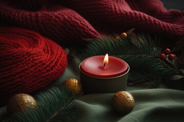 Obraz na płótnie Canvas Christmas or New Year colors red and green. Composition with candle, Christmas tree branches on knitted texture. Greeting card, postcard, place for text, banner.