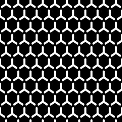 Repeated black interlocking regular hexagons tessellation background. Seamless surface pattern design with bee combs. Hexagonal grid motif. Honeycomb wallpaper. White three pronged blocks. Vector art.