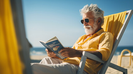 Elderly caucasian man in his 70s reading a book sitting on a yellow deck chair on the beach in a sunny day