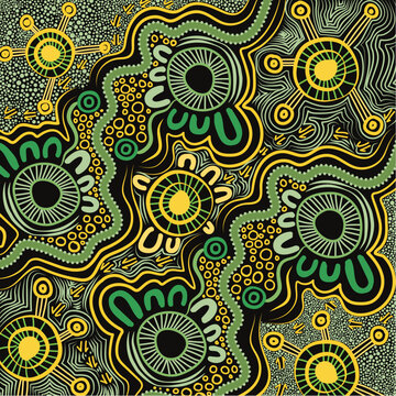 Aboriginal art style vector green background